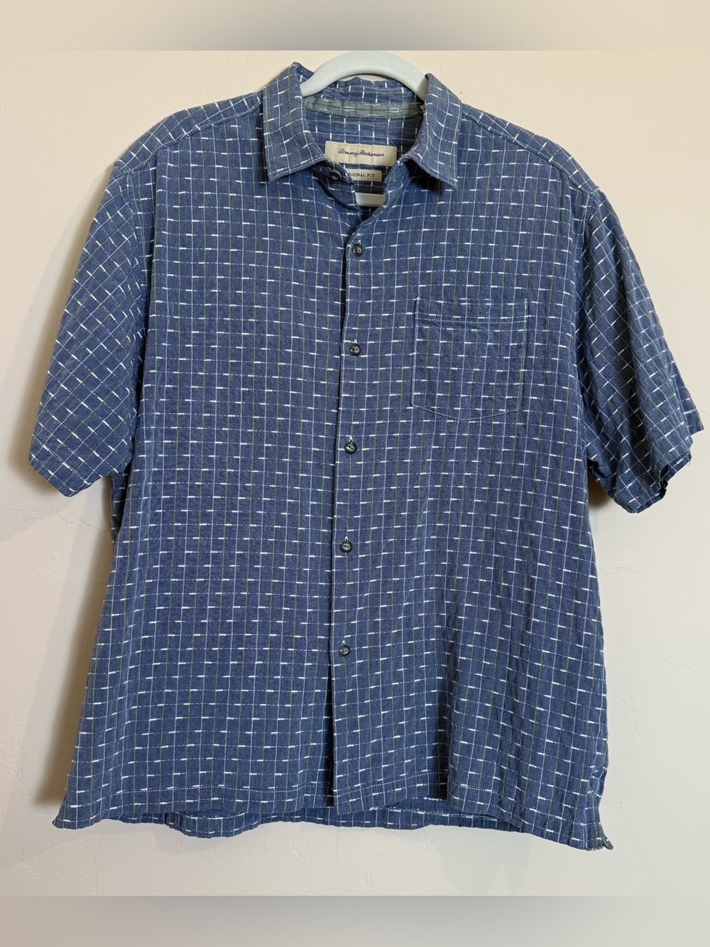 Tommy Bahama Silk Cotton blend Casual Short-Sleeve Blue Check Button Up Shirt L